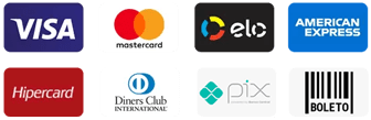 Formas de pagamento Bandeiras de Cartões de crédito: PIX, Martercard, Visa, Amex, Elo